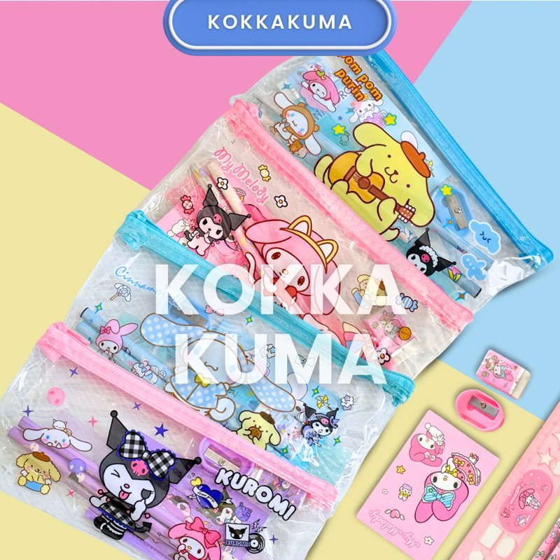 

( KKM ) SANRIO ATK Set Pouch Transparan Pencil Case Kotak Pensil Waterproof Anti Air Paket Hemat Alat Tulis Anak Karakter Kuromi My Melody Pompompurin Cinnamorol Lucu