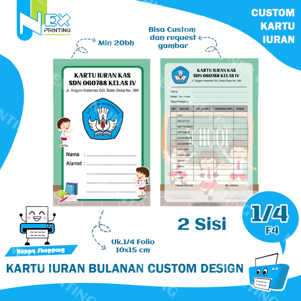 Kartu Iuran Bulanan 1/4 Full Color SPP / Kas Sekolah / Infaq / Syahriyah / Sampah / Warga / Arisan /