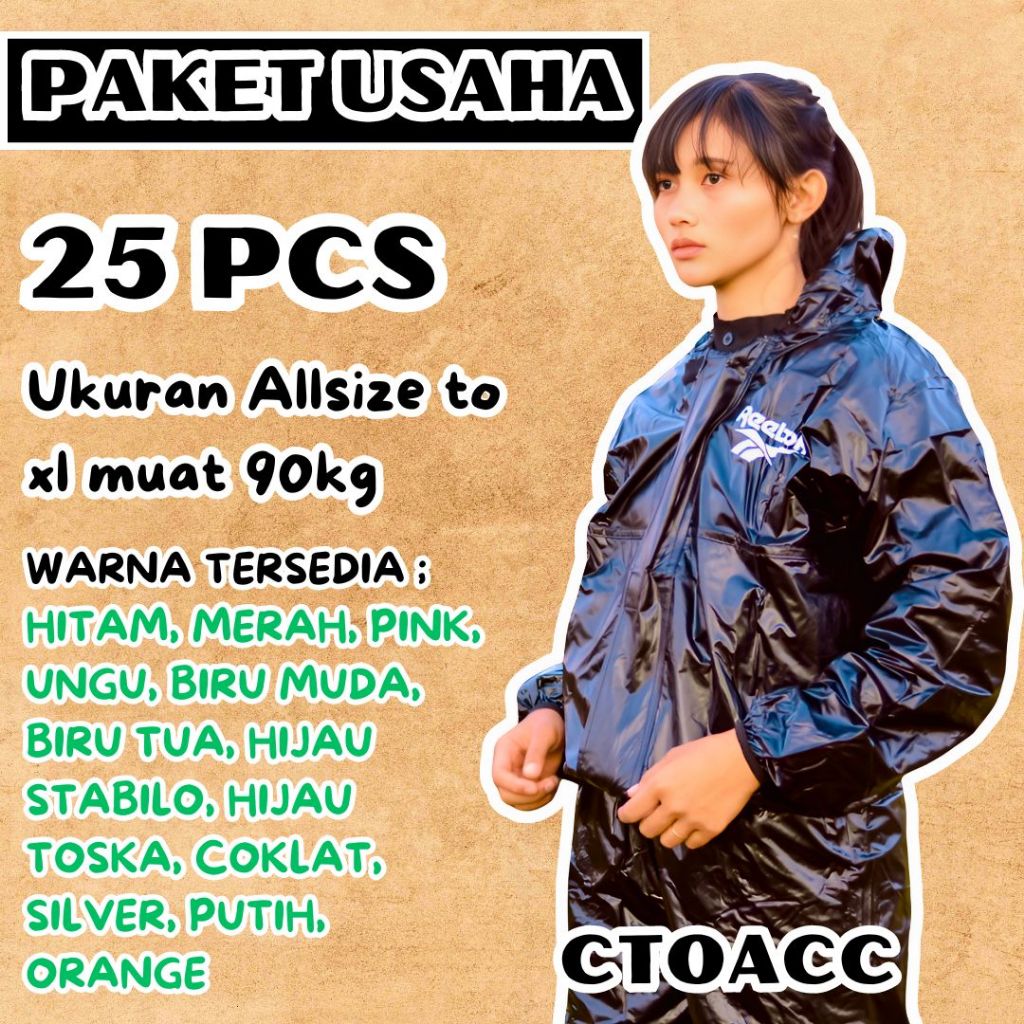 BAJU SAUNA/MANTEL HUJA/JAS HUJA/MANTEL OLAHRAGA/JAS HUJAN COWOK CEWEK PAKET USAHA 25PCS