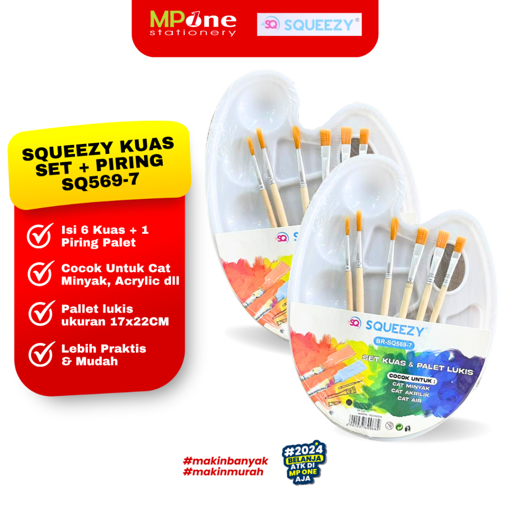

Squeezy Kuas Lukis + Pallet Cat Set SQ569-7 (6 Kuas + 1 Piring Pallet) / Art Brush Set Kuas Lukis Set Lengkap Squeezy SQ569-7