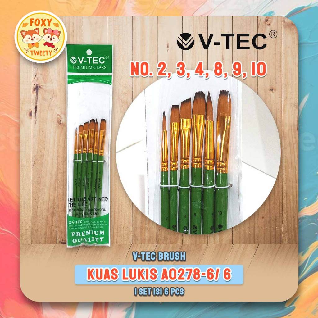 

Kuas V-TEC tipe A0278-6/ 6 SET / Kuas Lukis VTEC / Brush for Watercolor Acrylic, Oil / 6 Ukuran V Tec No. 2 No. 3 No. 4 No. 8 No. 9 No. 10