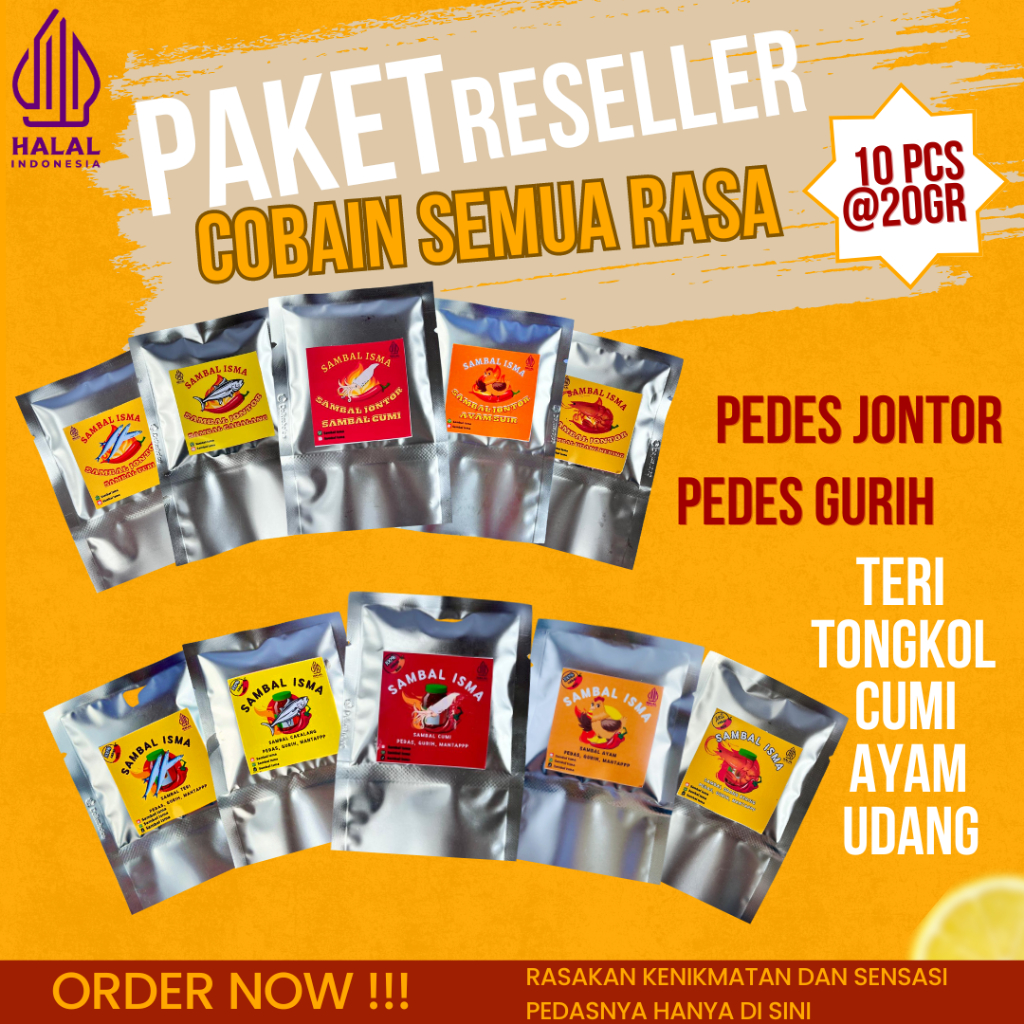 

PAKET 10 PCS 200 gr HARGA RESELLER SAMBAL SACHET SEMUA RASA CUMI AYAM UDANG TERI TONGKOL SAMBEL CAMPUR SEGALA RASA ENAK SIAP MAKAN