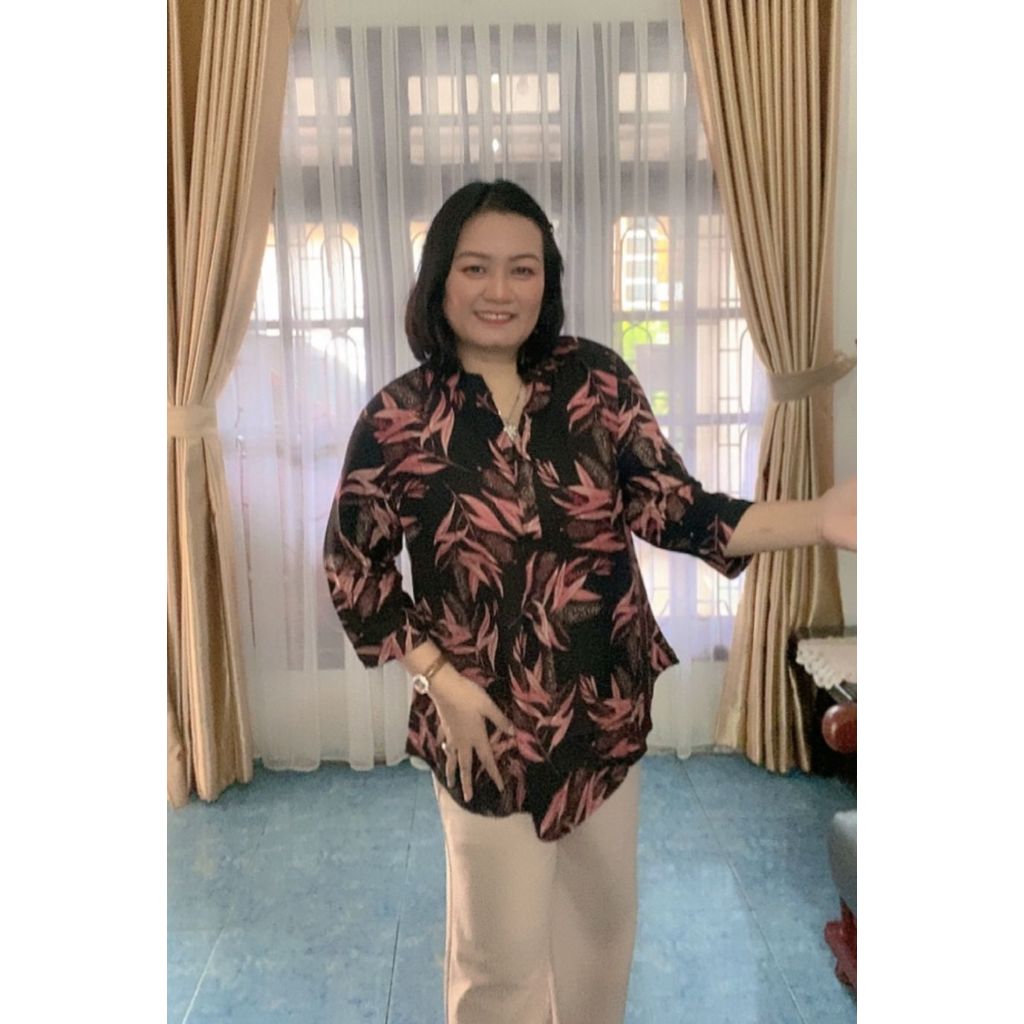 KEMEJA RAYON MOTIF DAUN | KEMEJA RAYON BAHAN ADEM | KEMEJA BLOUSE WANITA