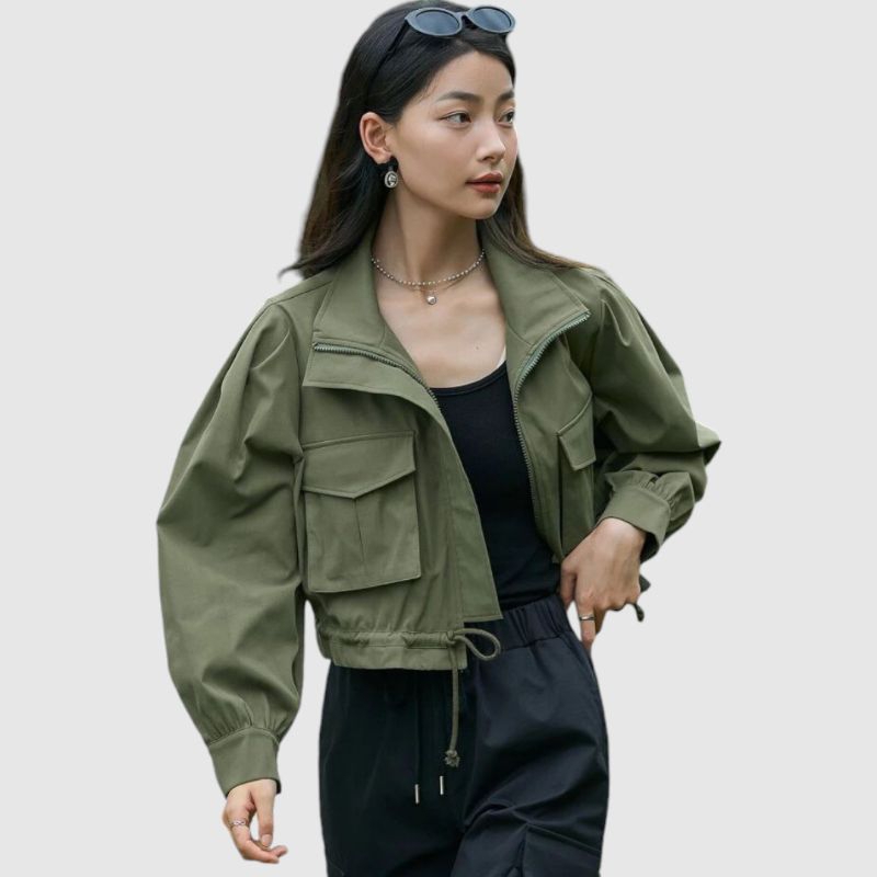 Amelo - JAKET WANITA CROP ARMY BAHAN DRILL KOREA STYLE