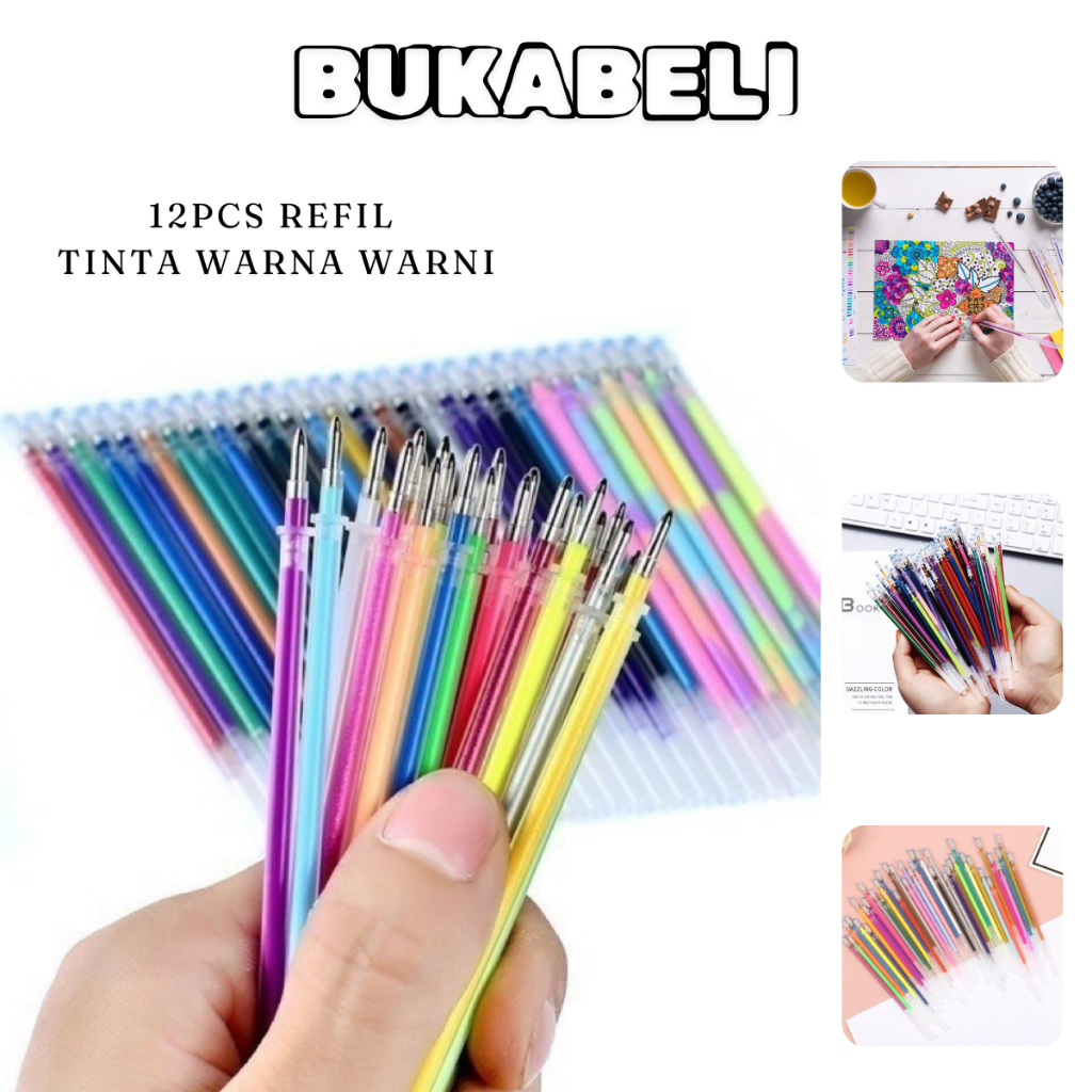 

BUKABELI COD 12PCS Refil Tinta WARNA WARNI Pena Cair / Isi Ulang Tinta Cair Pena 0.5 mm / Pulpen Gel Cair Premium Import P17