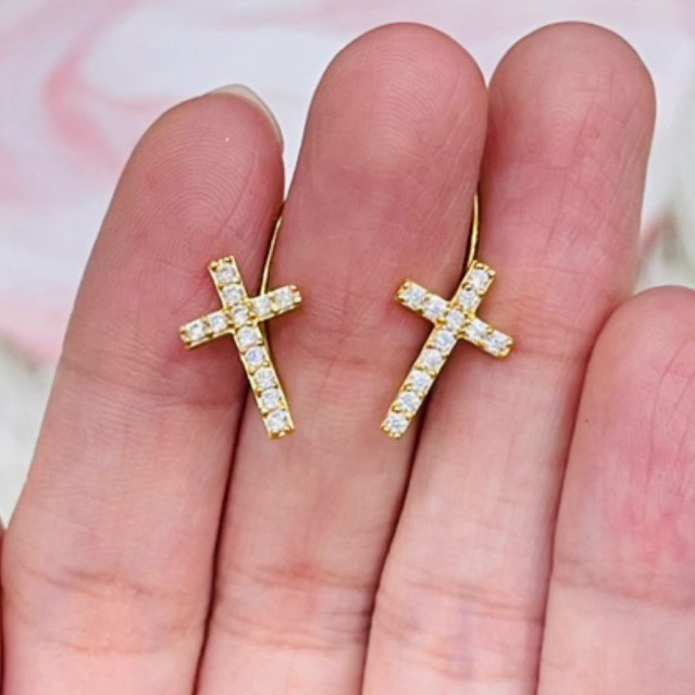 anting jepit salib permata cantik elegant emas asli kadar 875