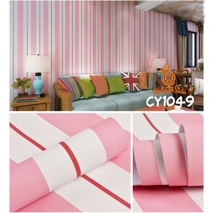 Wallpaper Stiker Dinding Ukuran 8 Meter CY1049 Motif Salur Pink Muda Termurah