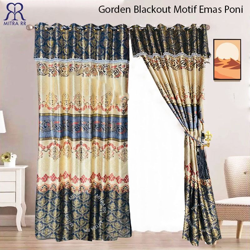 Gorden Blackout Motif Emas Poni | Gorden Jendela Poni Blackout Print | Gorden Tebal Mewah Aesthetic