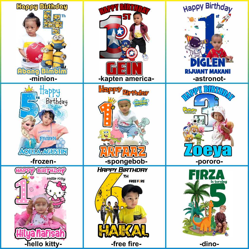 Kaos Ulang Tahun anak Foto tema karakter anak Gratis Nama dan cetak foto/ Kaos Ultah family / Kaos u