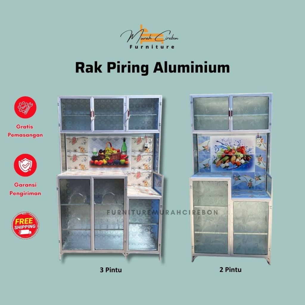 Rak Piring Aluminum Kaca - Lemari Dapur 3 Pintu - Rak Dapur Minimalis Murah