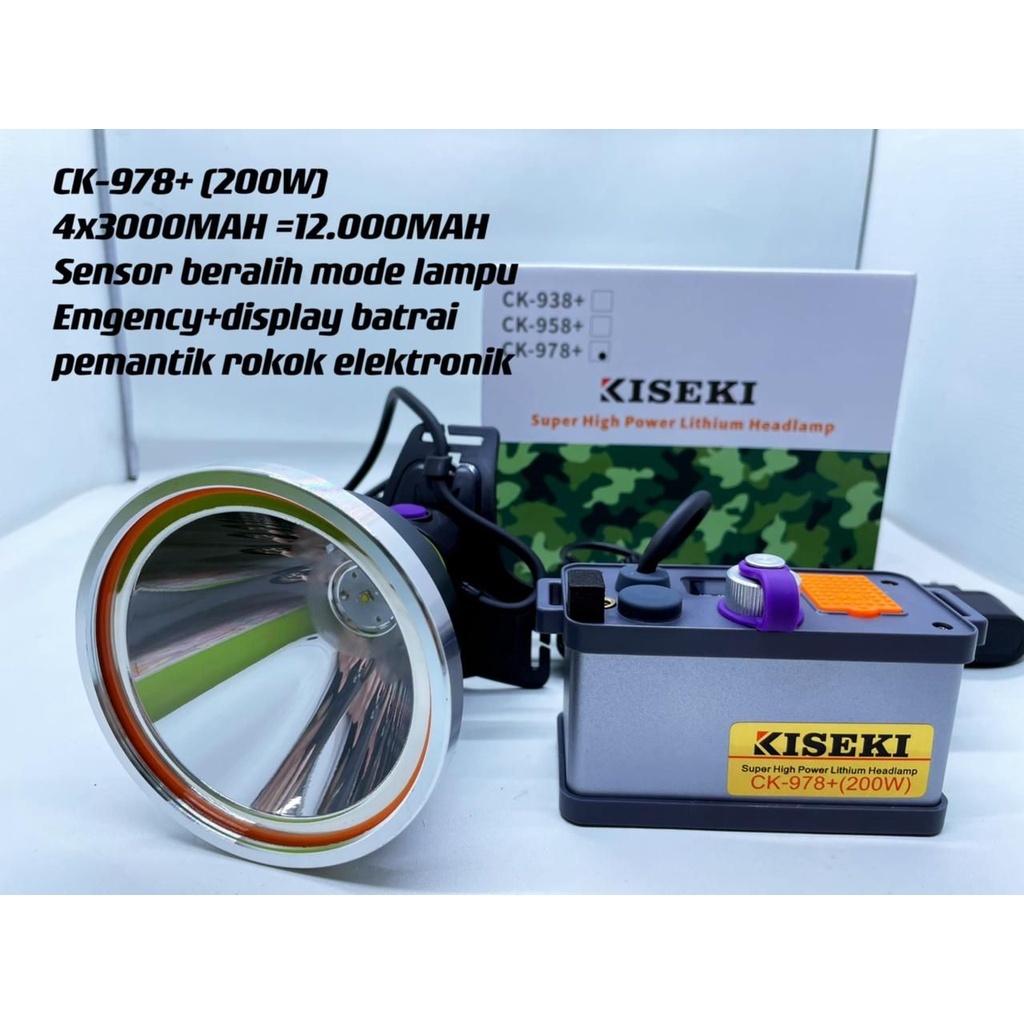 KISEKI CK-978+ Senter Kepala 200W Daya Baterai 12.000mAh LED Cahaya Putih Tahan Pemakaian Hingga 10 