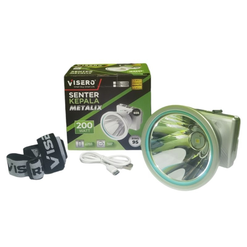 Senter Kepala Metalik Visero 200W VHL-720 Cahaya Putih Original 100 % ll Senter Kepala Cas Metalik V