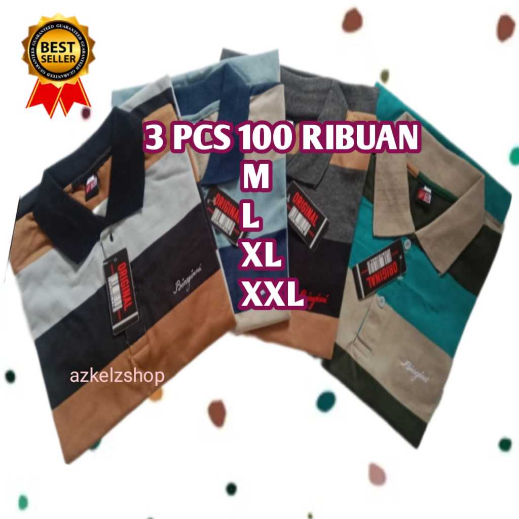 3PCS 100 RIBUAN BAJU KAOS KERAH GARIS GARIS LENGAN PENDEK ADA SAKU TERBARU