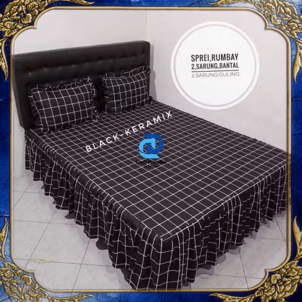 Sprei Rumbai Motif Aesthetic Kotak hitam Ukuran 180x200 160x200 120x200 Free 2 sarung bantal 2 sarun