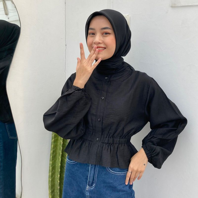 Cherry Blouse Atasan Wanita Polo Linen Kerut Pinggang