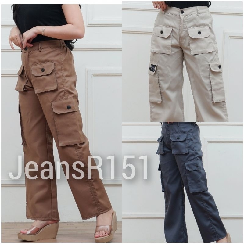 Celana Cargo Wanita Highwaist Premium Kulot Cargo Pants Wanita  Cargo Denim Pasir Putih Loose Celana
