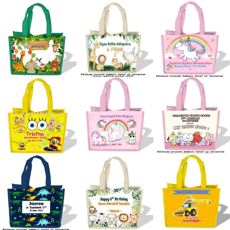 

Tas Goodie Bag Karakter Ulang Tahun Sunatan Aqiqahan Selamatan CUSTOM Ukuran Nasi Kotak 20cm dan Box KFC 12cm.