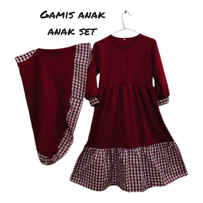 Gamis anak set kerudung baju muslim anak perempuan gamis kotak pakaian muslim anak 3 - 12 TH