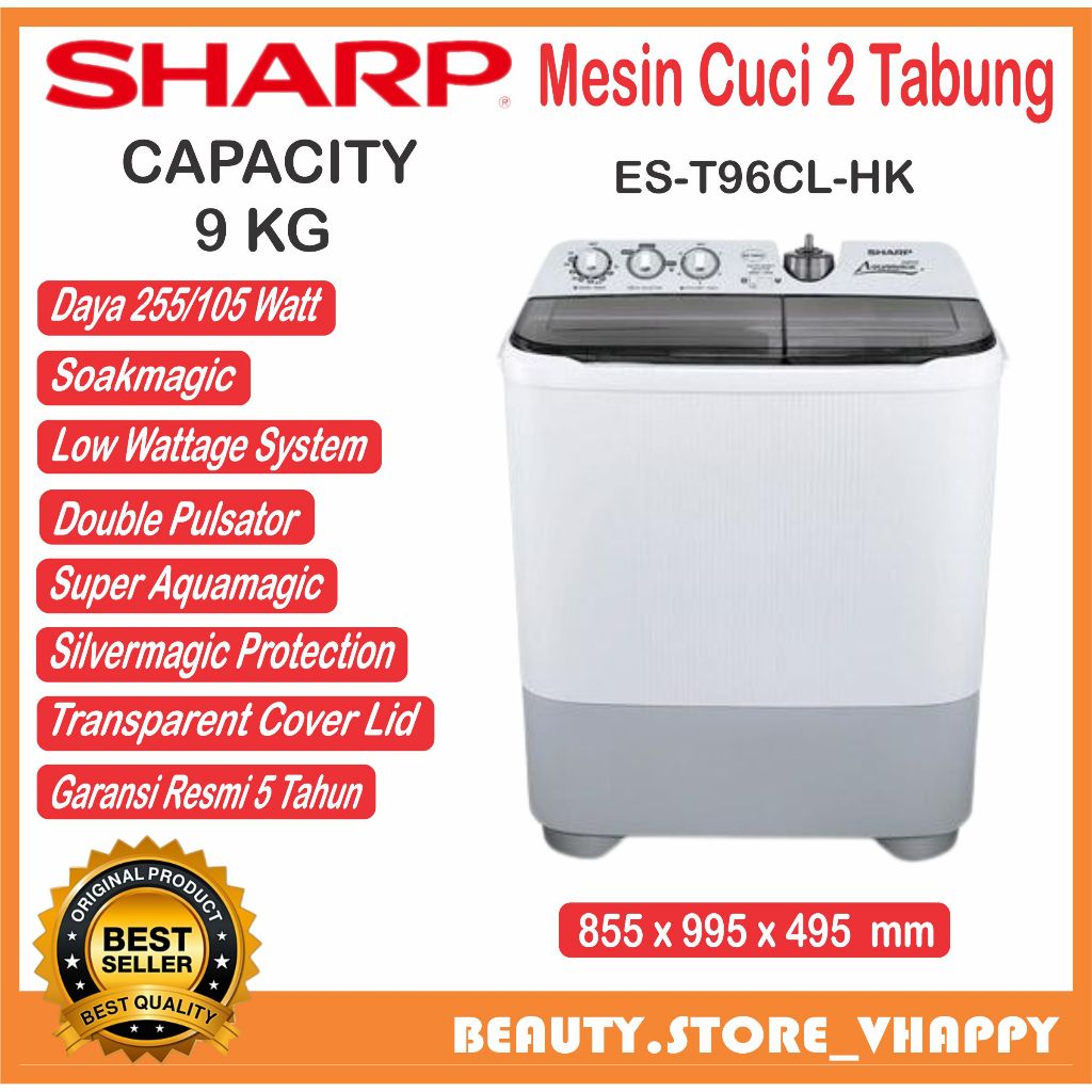 Mesin Cuci 2 Tabung Sharp 9kg Super Aquamagic ES-T96CL-HK KHUSUS BANDUNG DAN LUAR BANDUNG