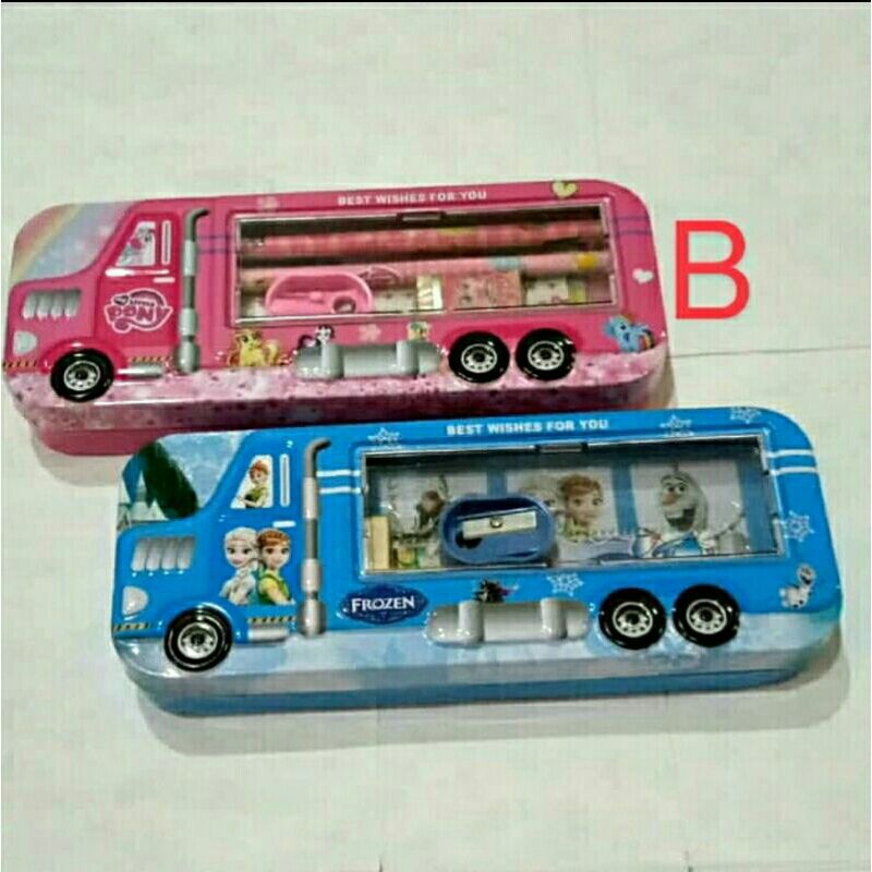 

wadah pensil/Tempat pensil kotak kaleng bentuk mobil truk/Tepak pensil motif karakter + bonus alat tulis H 9918/ATK