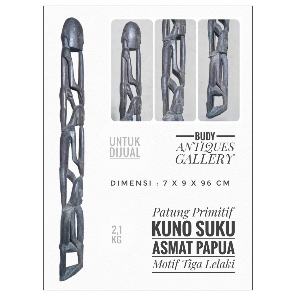 Patung Kayu Primitif Kuno Motif Tiga Lelaki Asmat
