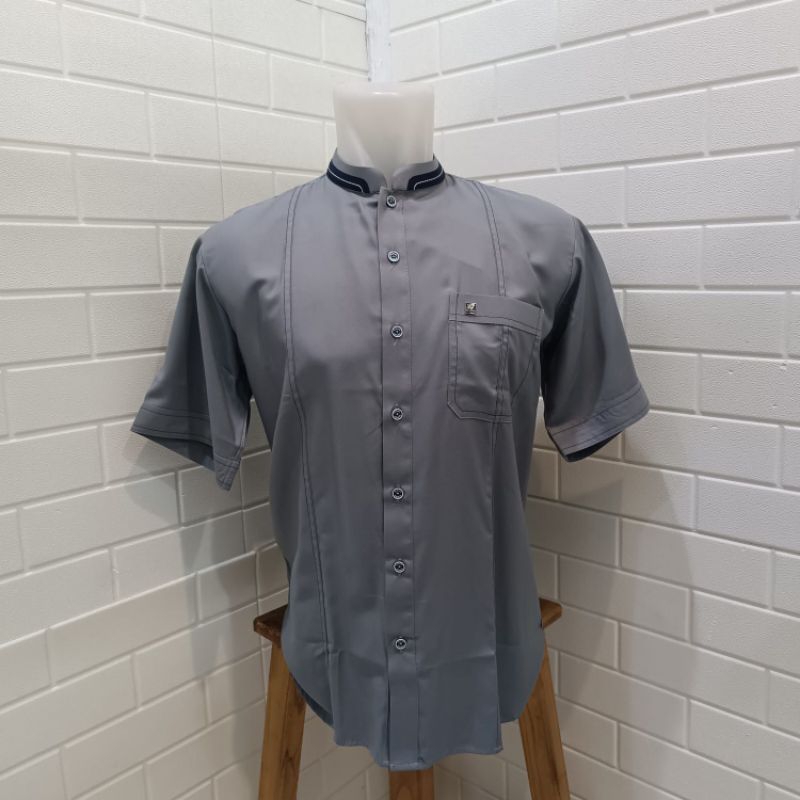 Baju Koko Busana Muslim Pria Al-Wafa/AWF Gold Kode 0021 Lengan Pendek Polos Warna