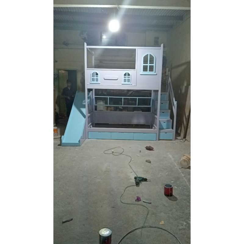 tempat tidur anak tingkat tangga laci prosotan rak buku +3 laci bawah dan rak buku ukuran 120x200