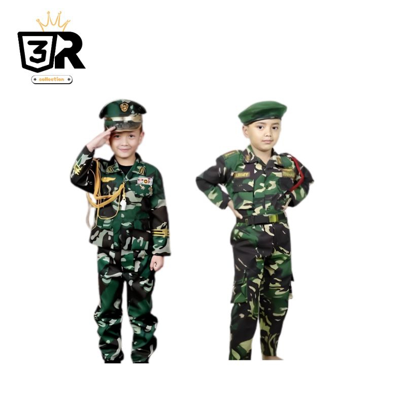 baju seragam TNI setelan TNI AD baret & topi anak laki laki  dan perempuan full