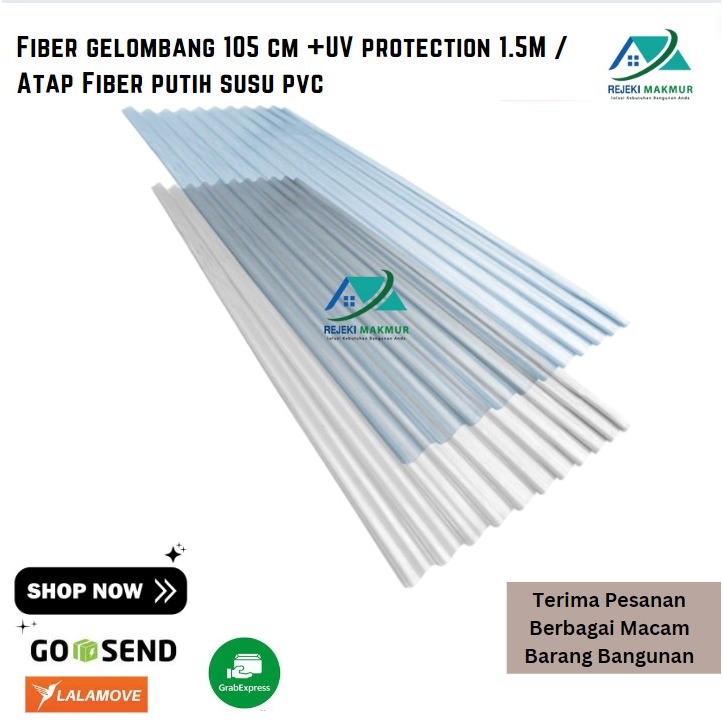 Fiber gelombang + UV protection 1.5 Meter x 105 cm x 0.8 mm Bening transparan / Atap Fiber putih sus