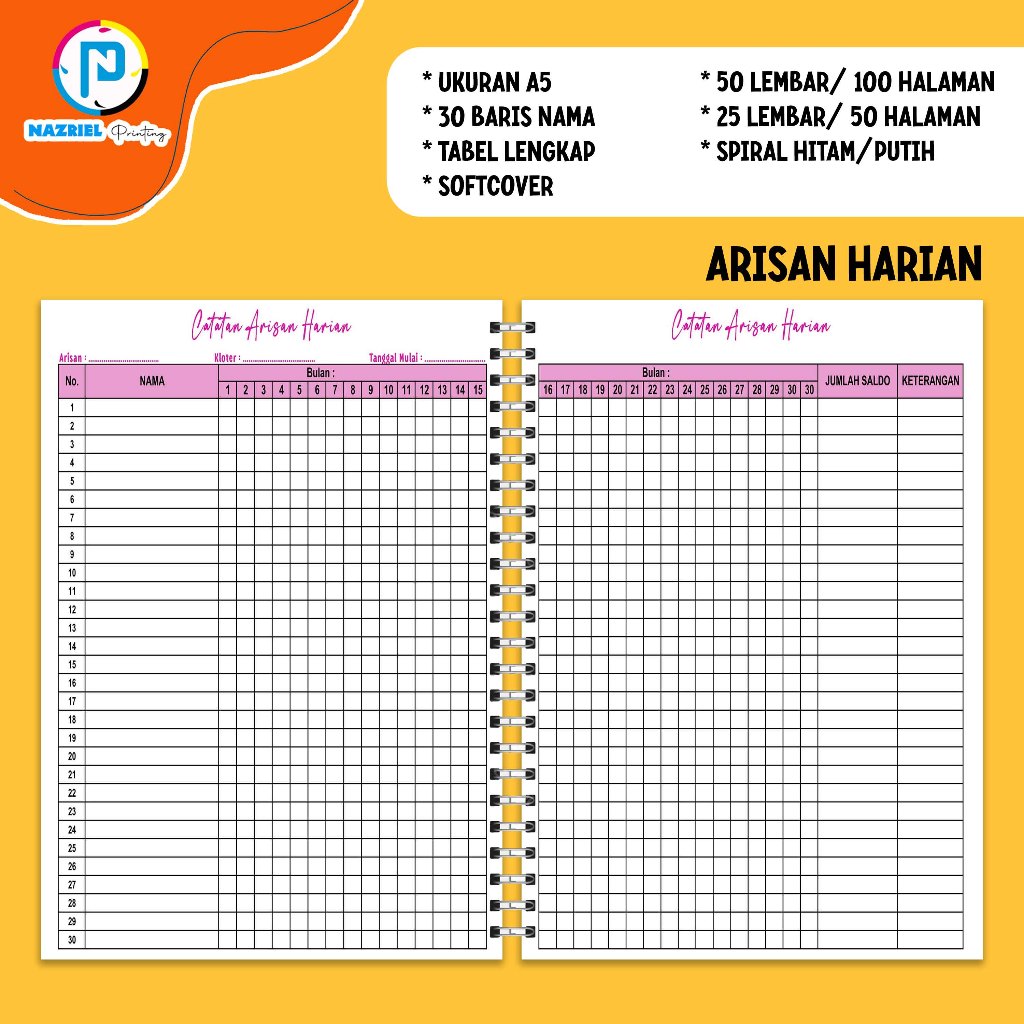 

(NON CUSTOM) POTRAIT Buku Rekap Arisan Tabel HARIAN Jilid Spiral Tabel Warna