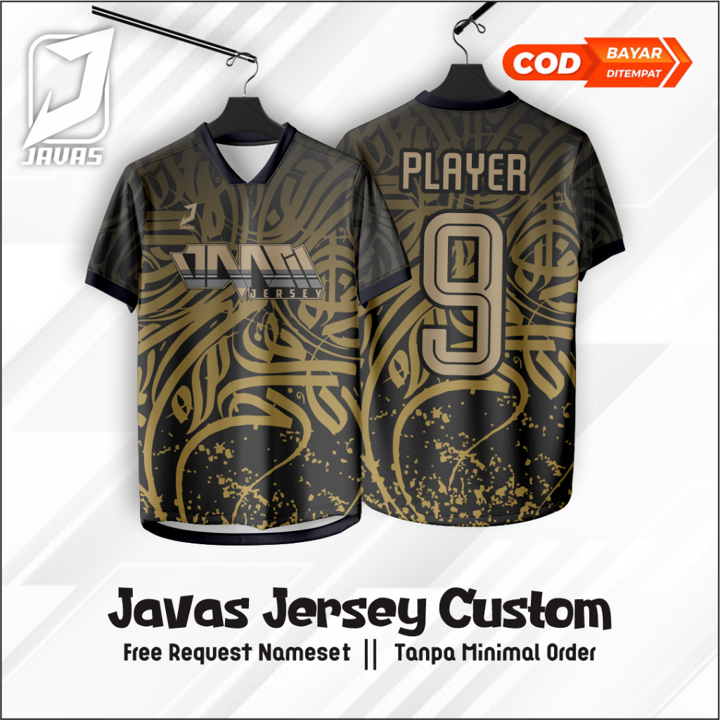 Jersey Bola Jersey Futsal Hitam Emas Full printing Custom Gratis Name set