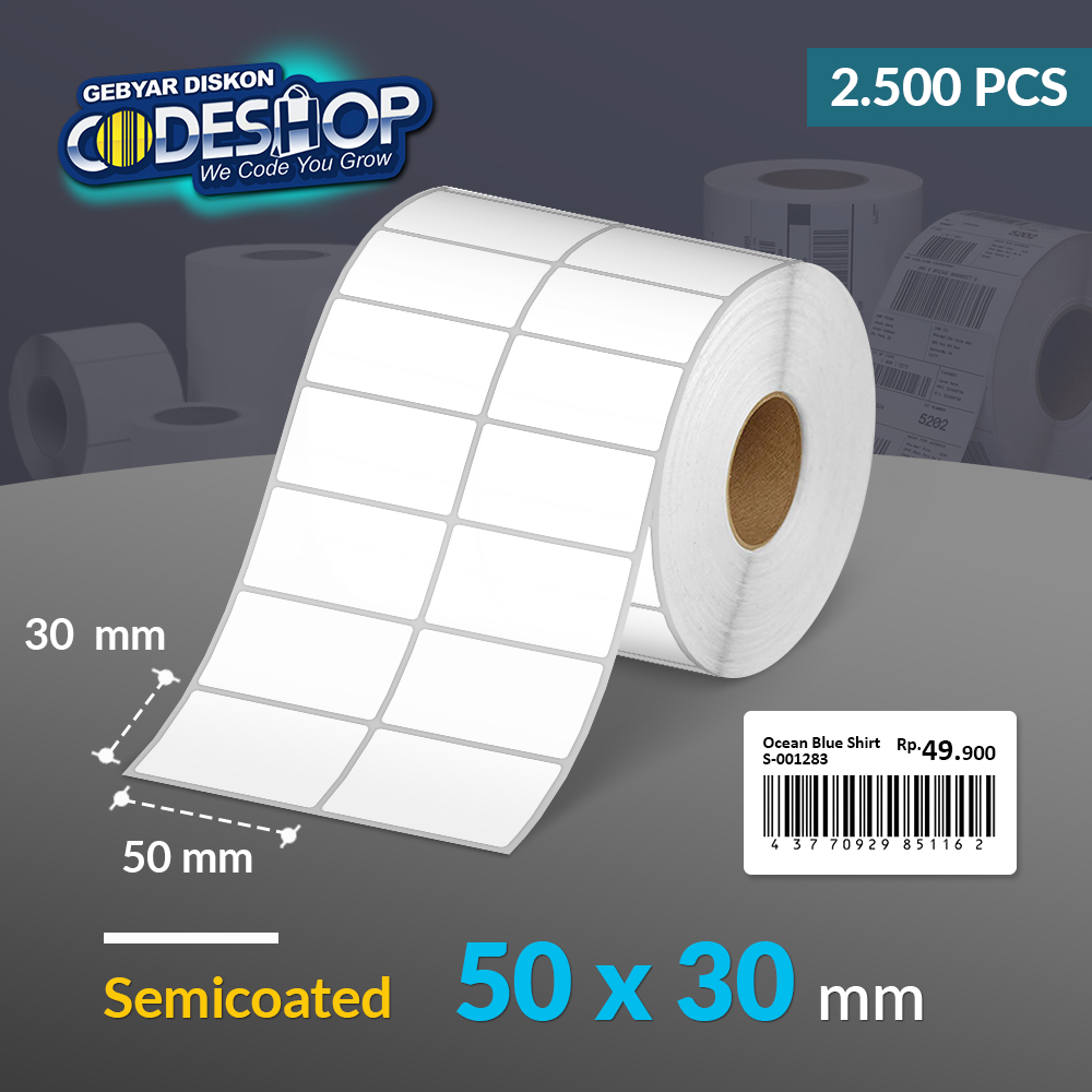 

Codeshop Label Barcode Semicoated 50x30 / 50 x 30 mm / 50x30mm 2 Line Core 1 Inch Isi 2500 Pcs