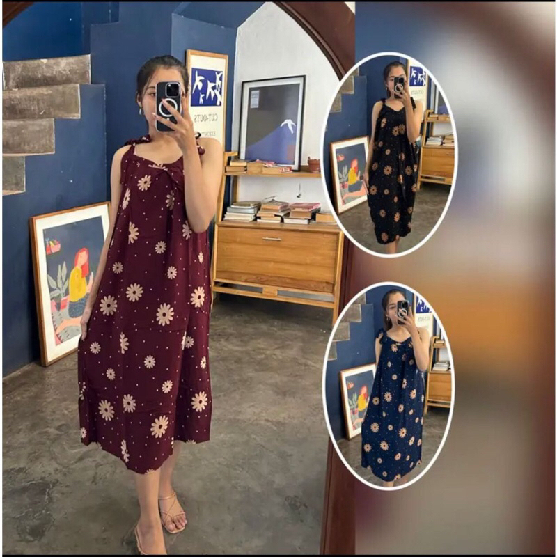 Baju Tidur / Daster / Babydoll Tali Pundak Midi Motif Melati Tanpa Lengan