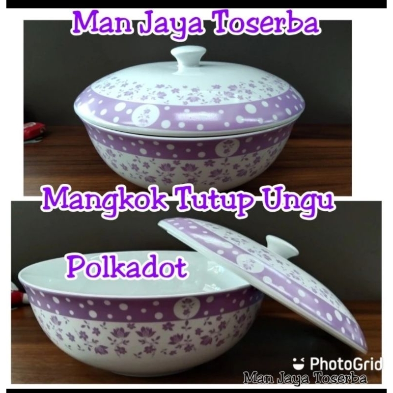 mangkok keramik tutup polkadot motif bunga ungu mangkok saji kopin porcelain