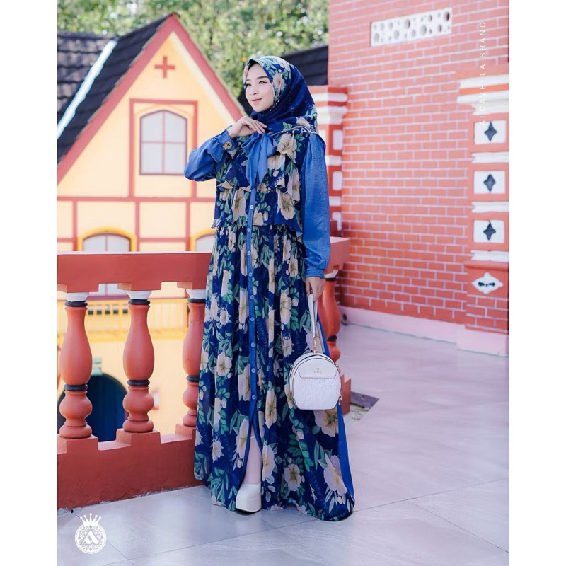 Preloved Alcavella S Biru Dongker Dress Motif Kemeja Flower Bunga Busui Tingkat Kondangan Gamis