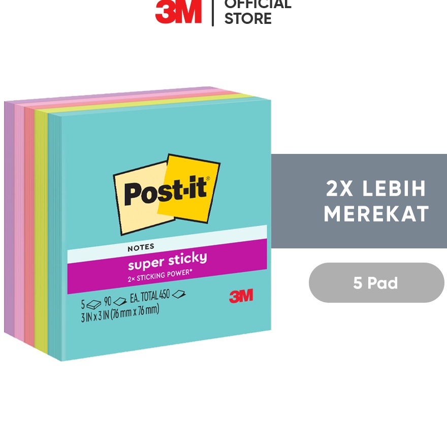 

DISKON SPESIAL 3M Postit Super Sticky Notes Supernova Neons Memo Tempel 6545SSMIA 2x Lebih merekat 5 pad 76x76 mm Untuk berbagai permukan kertas