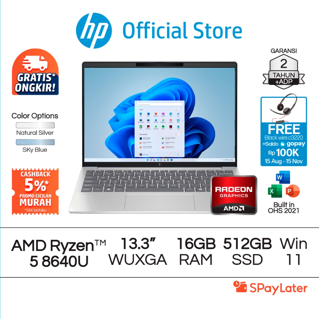 Cicilan Murah SPL - Laptop HP Pavilion Aero AMD Ryzen 5 Radeon 16GB RAM 512GB SSD Silver / Blue Wind