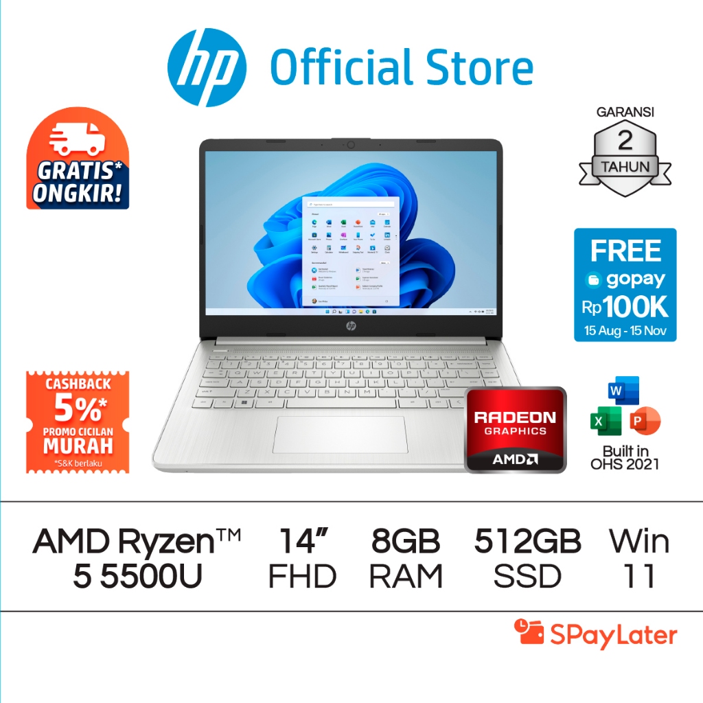 Spaylater 0% - Laptop HP 14s-fq1135AU Ryzen 5 5500U Radeon 8GB RAM 512GB SSD Windows 11 14 Inch AMD 