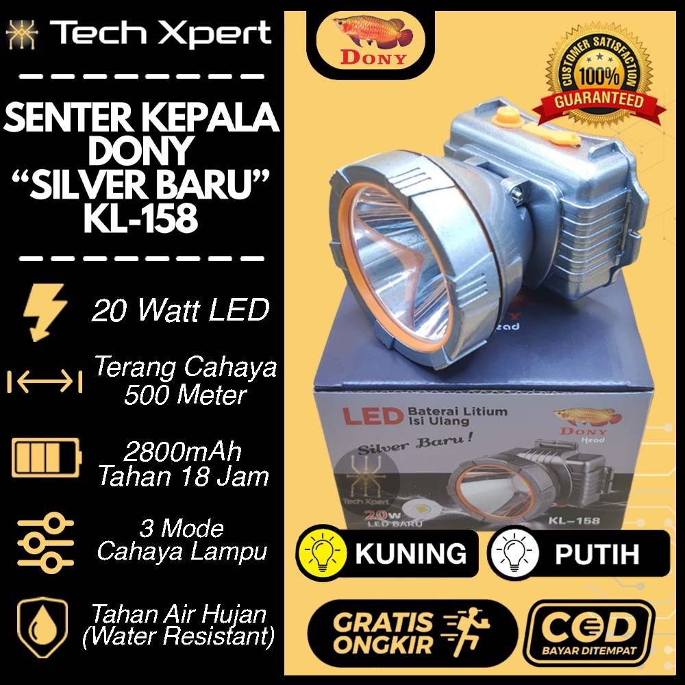 SENTER KEPALA LED DONY 20 WATT KL-158 "SILVER BARU" ORI ANTI AIR OUTDOOR UKURAN SEDANG