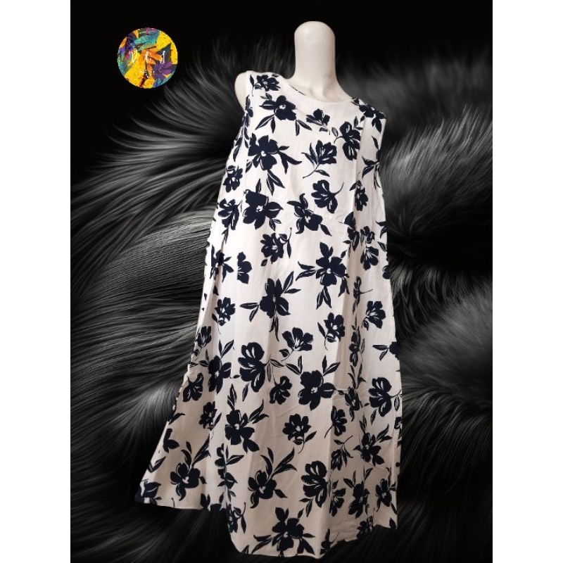 Maxi dress wanita putih bunga biru tua