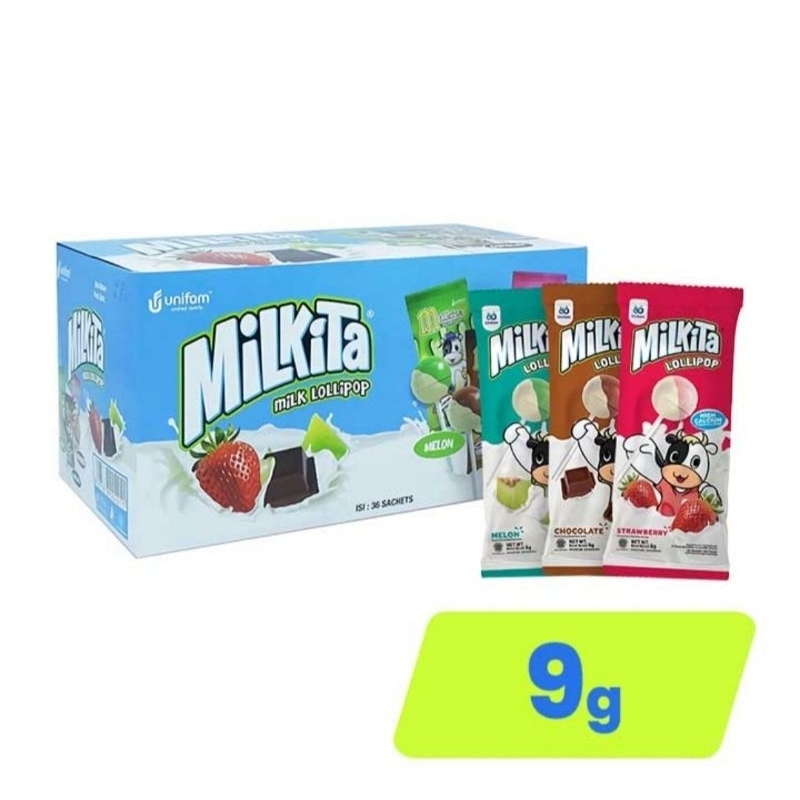 

Milkita Permen Lollipop Rasa Melon Coklat Strowbery 9g