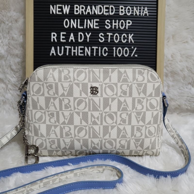 tas bonia original sling bag monogram putih tali biru