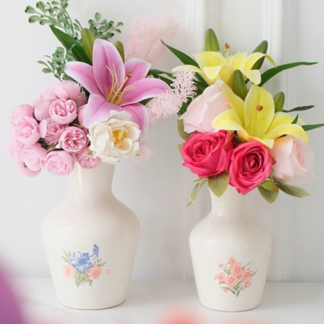 SALE — Vas Bunga Keramik Putih Motif Bunga Warna - Besar / Kecil