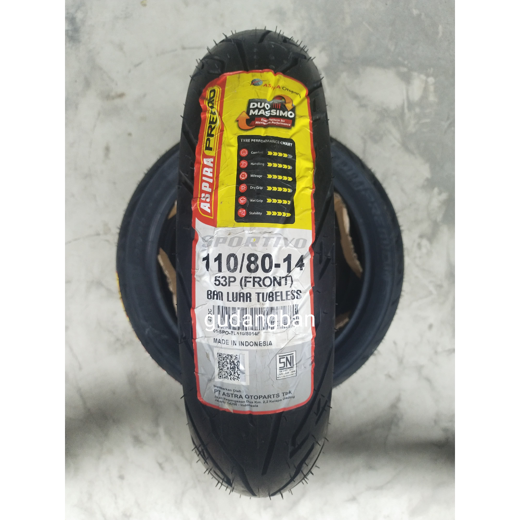 Diskon ( Ring 14 ) Ban Luar Aspira Premio Sportivo Uk 110 / 80 -14 Front Tubeless Free Pentil Aerox