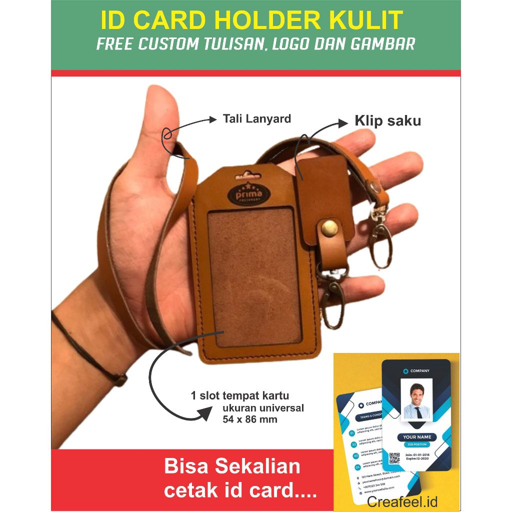 

id card holder kulit 1 slot model jepit saku + lanyard / custom nama/ logo perusahaan/foto