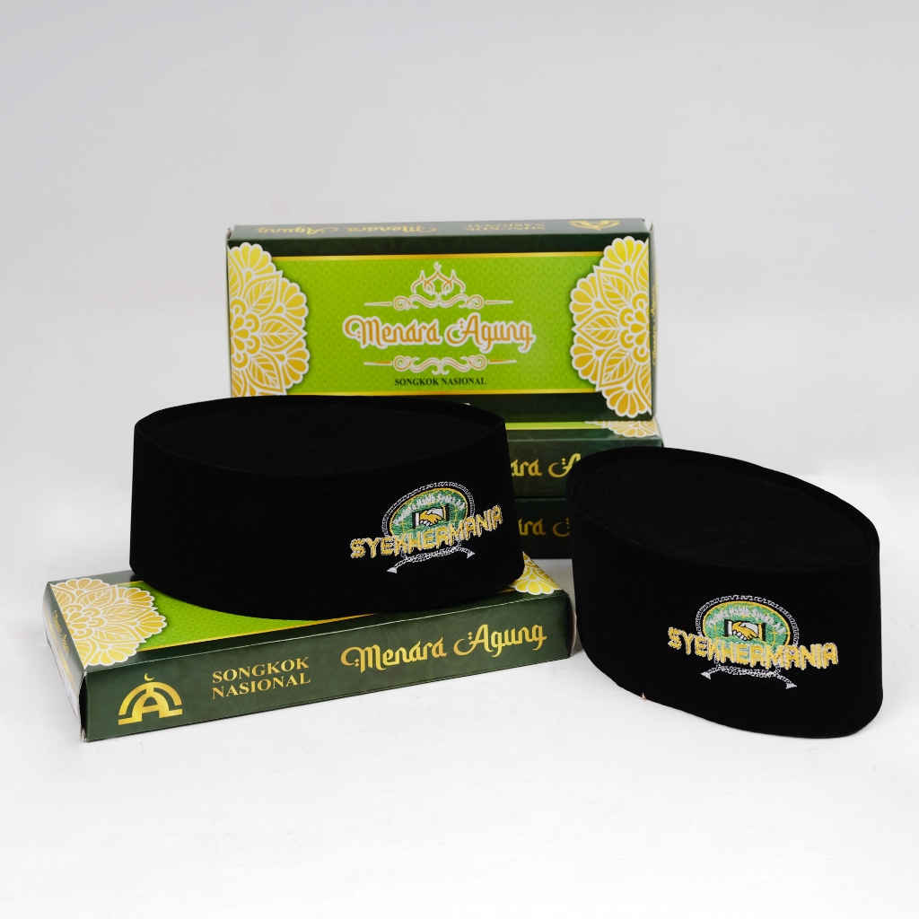 Kopiah Songkok Peci Hitam Logo Motif Syekhermania Habib Syech Bordir Komputer Tinggi 9cm