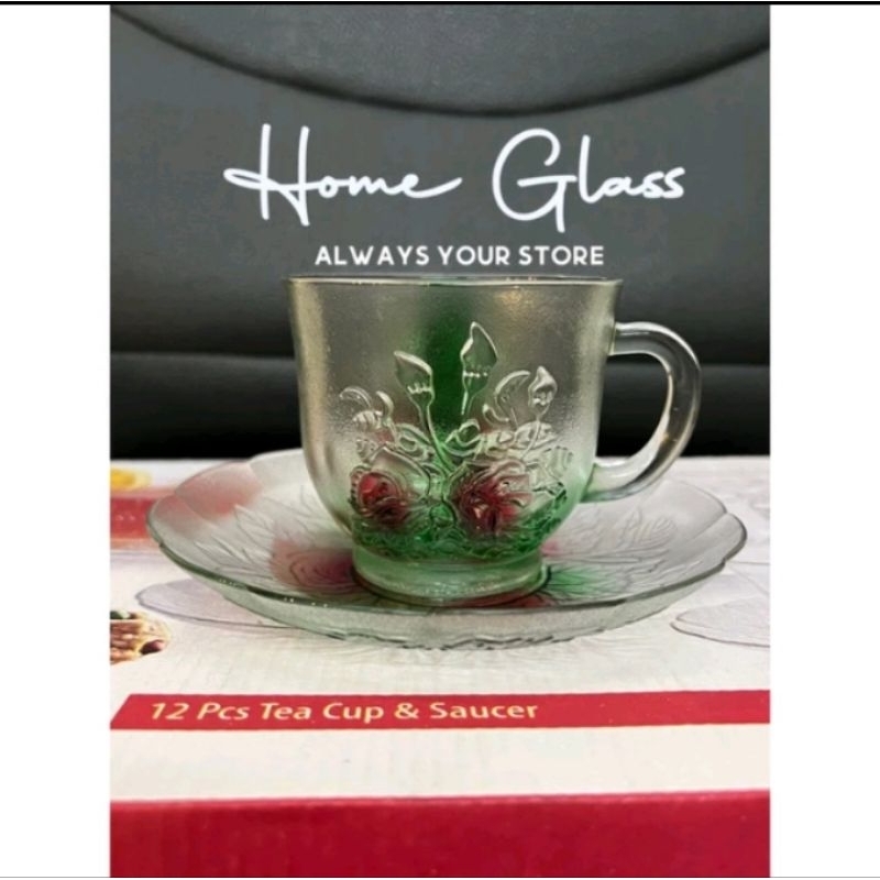 Gelas Roses set 6 Gelas dan 6 piring lepek cangkir teh kopi