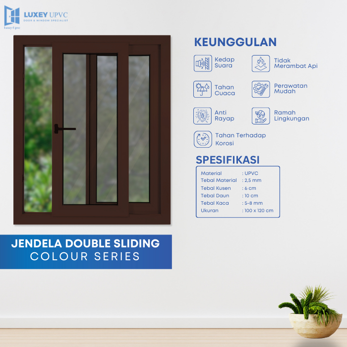 1 SET JENDELA + KUSEN UPVC PREMIUM DOUBLE SLIDING + KUSEN UKURAN 100 x 120CM BY LUXEY DOOR
