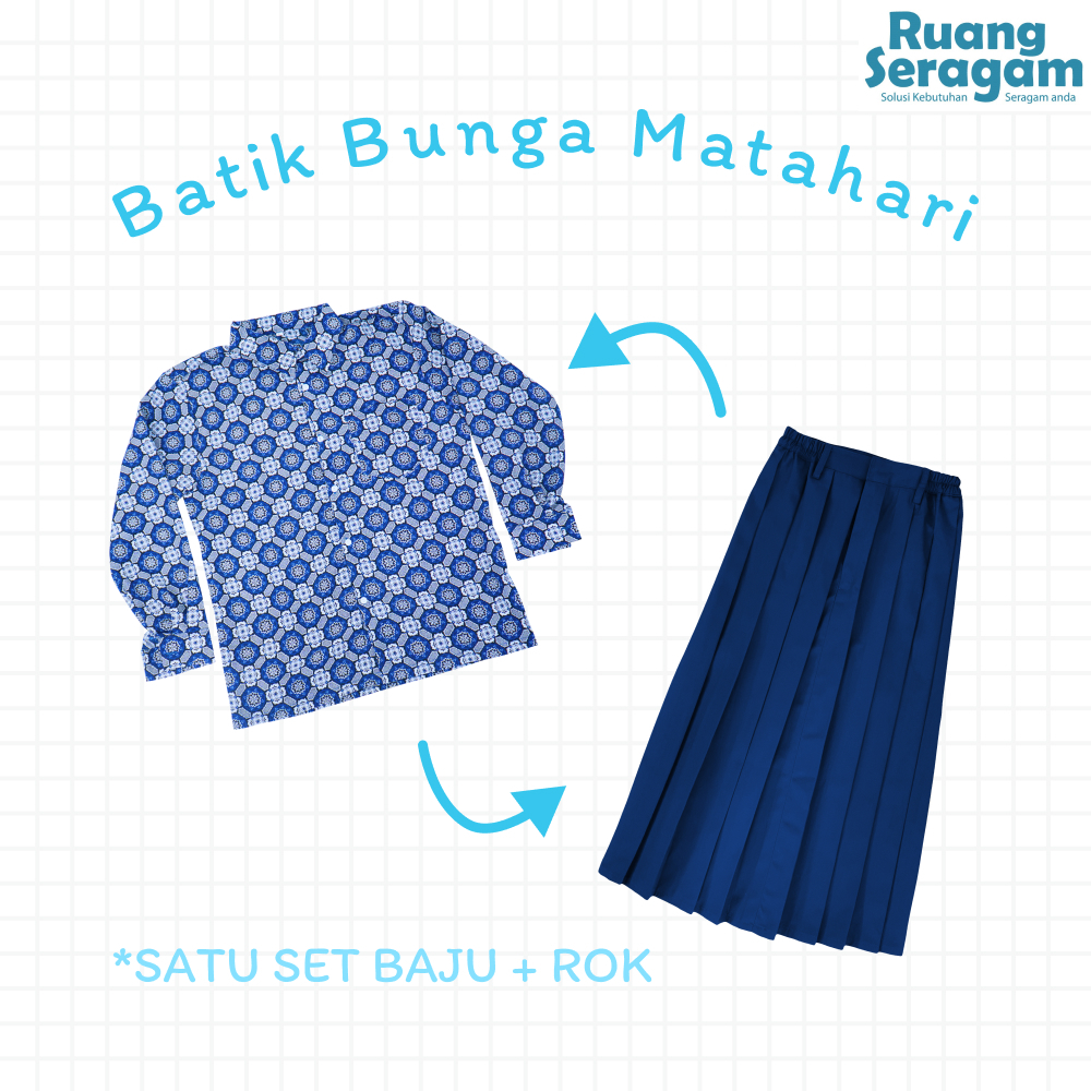 BAJU SERAGAM BATIK SEKOLAH SMP  MOTIF BUNGA MATAHARI BIRU  + ROK RAMPEL
