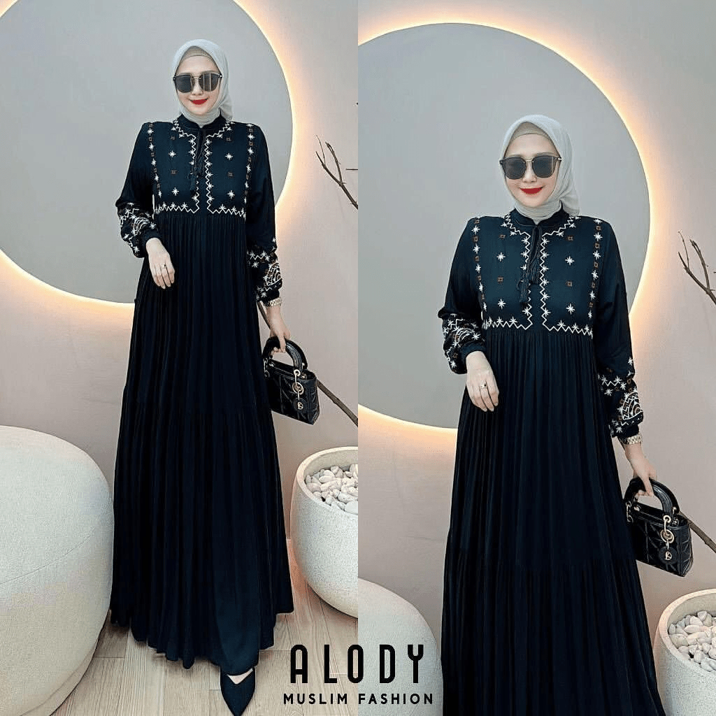 ALODY DRESS Baju Gamis Wanita Kondangan Brokat Bahan Katun Twill Premium M L XL Gamis Ibu Ibu Model 